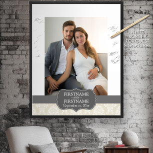 Linen Beige en Charcoal Damask Pattern Poster