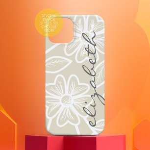 Linen Beige en Charcoal Floral Illustration Name iPhone 16 Hoesje