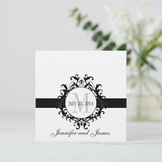 Linen Black Monogram Save the Date Wedding Kaart (Staand voorkant)