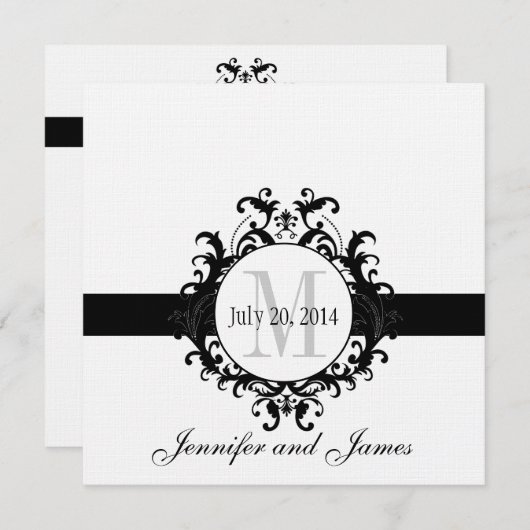 Linen Black Monogram Save the Date Wedding Kaart (Voorkant / Achterkant)