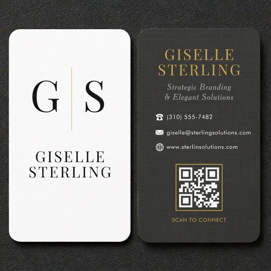 Linen Black White Gold Monogram QR Code Visitekaartje