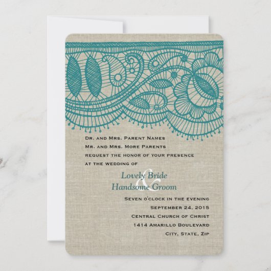 Linen Blauwgroen Lace Moderne Wedding Uitnodiging (Voorkant)