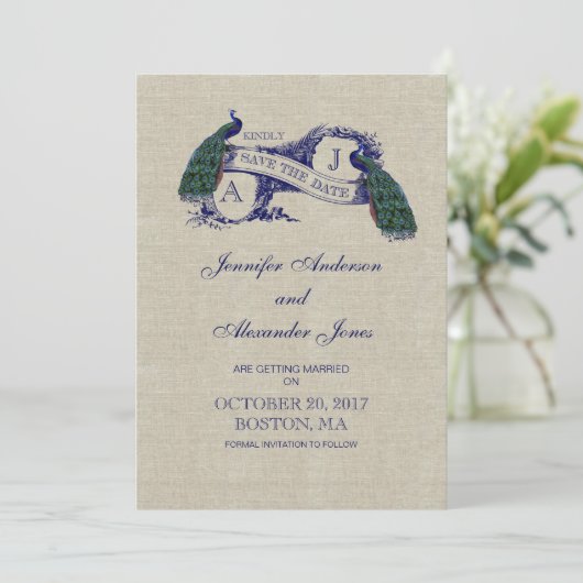 Linen Blue Peacock Save the Date Card (Staand voorkant)