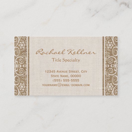 Linen Burlap White Lace Monogram persoonlijk conta Visitekaartje (Achterkant)