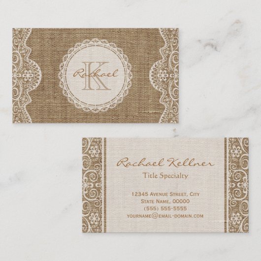 Linen Burlap White Lace Monogram persoonlijk conta Visitekaartje (Voorkant / Achterkant)