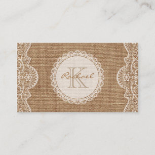 Linen Burlap White Lace Monogram persoonlijk conta Visitekaartje