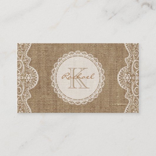 Linen Burlap White Lace Monogram persoonlijk conta Visitekaartje (Voorkant)