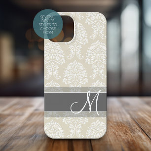 Linen en Charcoal Damask Patroon met Monogram iPhone 15 Case