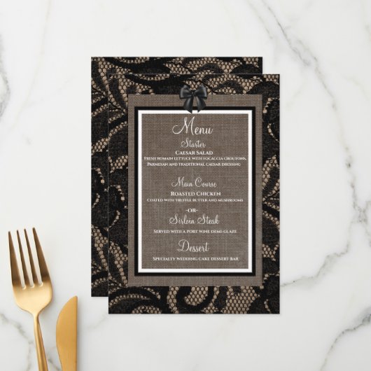 Linen en kant zwart, witte burlap Lenin menu (Voorkant / Achterkant in situ)