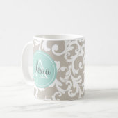 Linen en Mint Monogrammed Damask Print Koffiemok (Voorkant links)