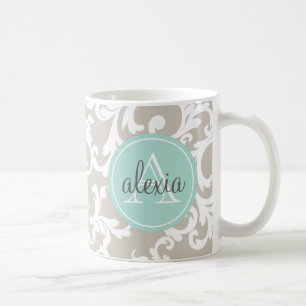 Linen en Mint Monogrammed Damask Print Koffiemok