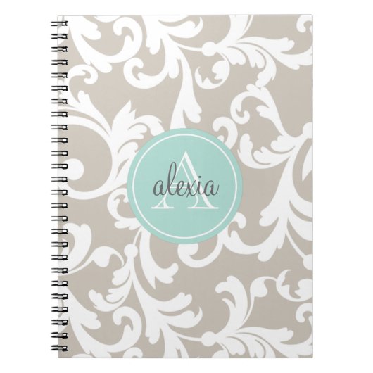 Linen en Mint Monogrammed Damask Print Notitieboek (Voorkant)