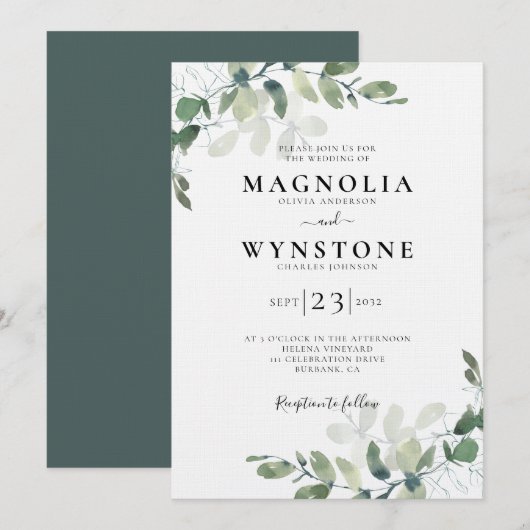 Linen Eucalyptus Botanical Luxury Wedding Kaart (Voorkant / Achterkant)