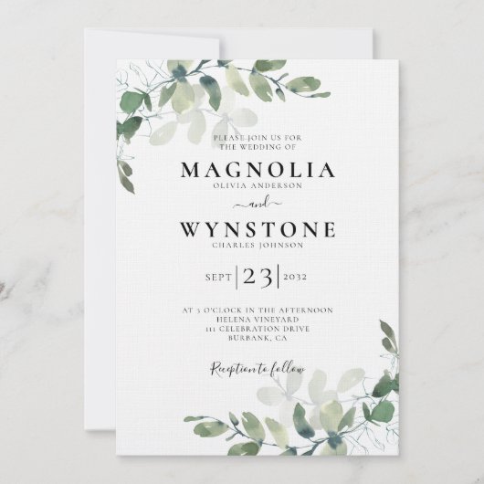 Linen Eucalyptus Botanical Luxury Wedding Kaart (Voorkant)