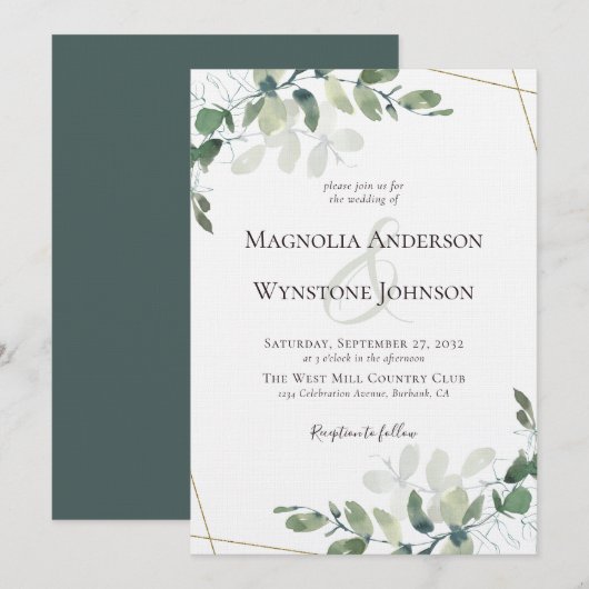 Linen Eucalyptus Greenery Gold Luxury Wedding Kaart (Voorkant / Achterkant)
