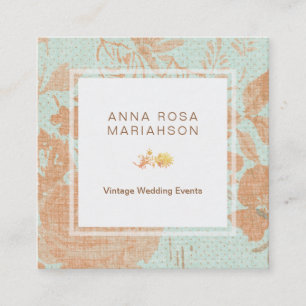 *~*  Linen Gold Bronze Floral Turquoise Vierkante Visitekaartje