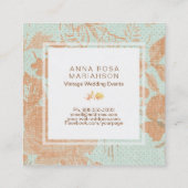 *~*  Linen Gold Bronze Floral Turquoise Vierkante Visitekaartje (Achterkant)