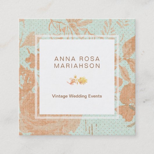 *~*  Linen Gold Bronze Floral Turquoise Vierkante Visitekaartje (Voorkant)