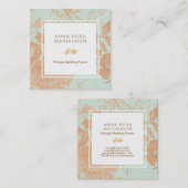 *~*  Linen Gold Bronze Floral Turquoise Vierkante Visitekaartje (Voorkant / Achterkant)