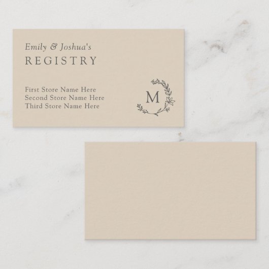 Linen & Gray Floral Wreath Monogram Registry Informatiekaartje (Voorkant / Achterkant)