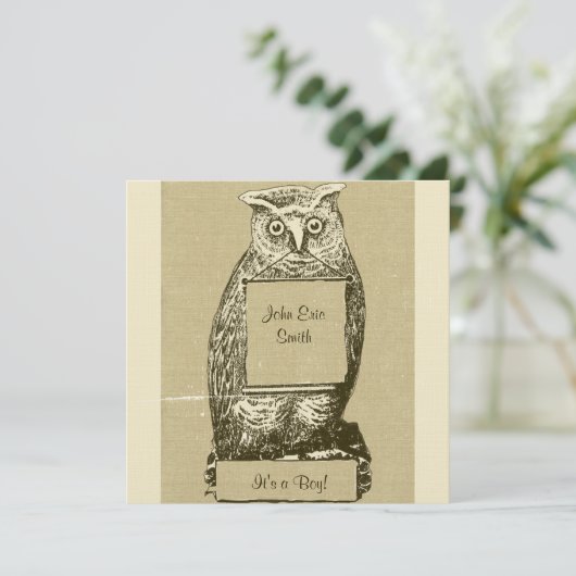 Linen Kijk  Owl Baby shower Uitnodiging (Staand voorkant)