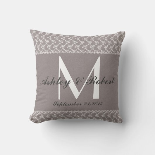 Linen Lace Gray White Monogram Wedding Keepomwille Kussen (Voorkant)