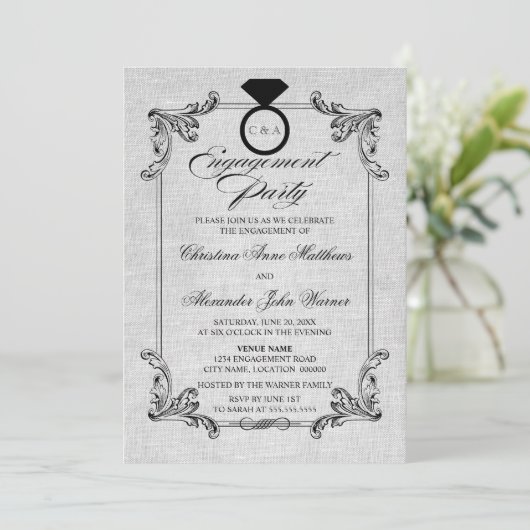  Linen-look en Ornament Engagement Party Kaart (Staand voorkant)