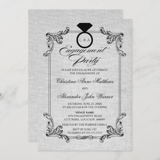  Linen-look en Ornament Engagement Party Kaart (Voorkant / Achterkant)