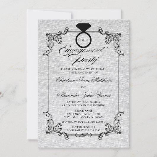  Linen-look en Ornament Engagement Party Kaart (Voorkant)