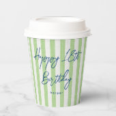 Linen Look Striped Celebration Birthday 18th Green Papieren Bekers (Voorkant)