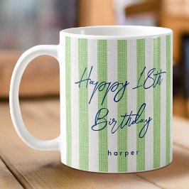 Linen Look Striped Happy Birthday 18th Green Koffiemok