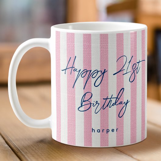 Linen Look Striped Happy Birthday 21st Pink Koffiemok