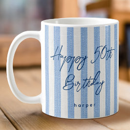 Linen Look Striped Happy Birthday 50th Blue Koffiemok