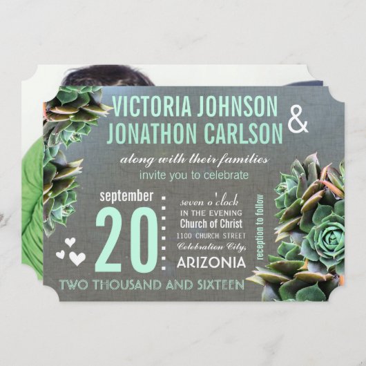 Linen Mint Succulent Your Photo Wedding Kaart (Voorkant / Achterkant)