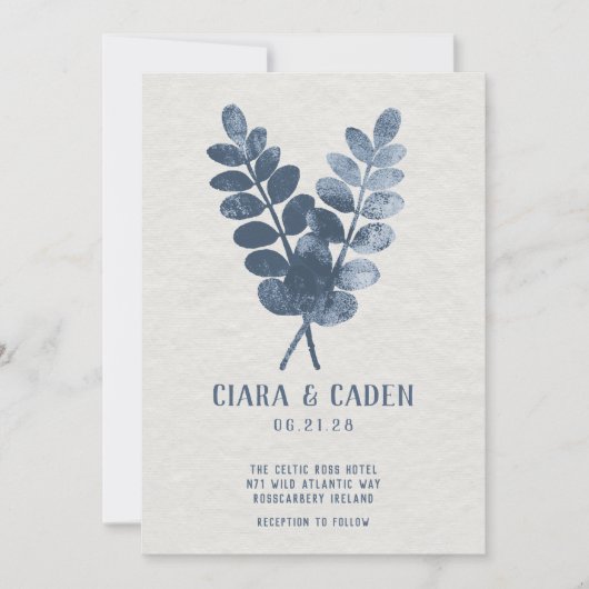 Linen Palms Navy Wedding Invitation Kaart (Voorkant)