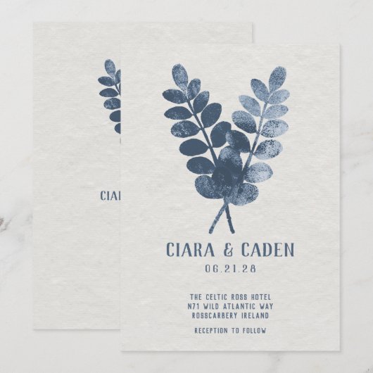 Linen Palms Navy Wedding Invitation Kaart (Voorkant / Achterkant)