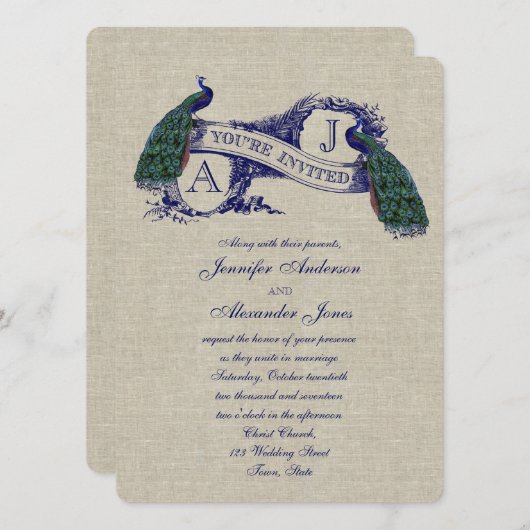 Linen Peacock Rustic Wedding Invitation Kaart (Voorkant / Achterkant)
