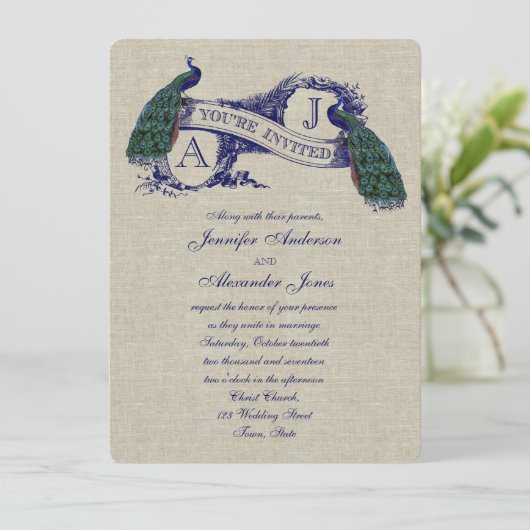 Linen Peacock Rustic Wedding Invitation Kaart (Staand voorkant)