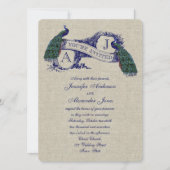 Linen Peacock Rustic Wedding Invitation Kaart (Voorkant)