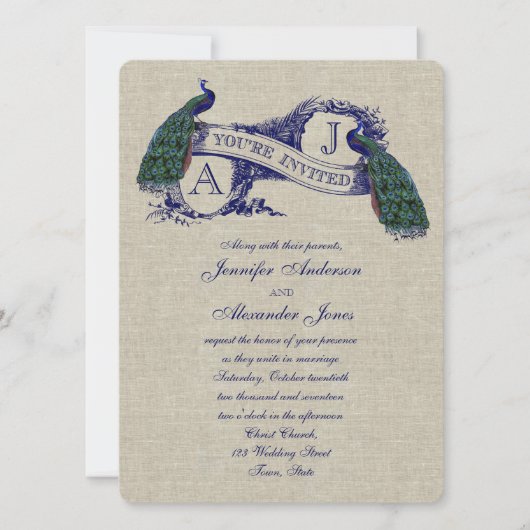Linen Peacock Rustic Wedding Invitation Kaart (Voorkant)
