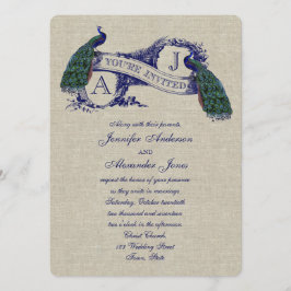 Linen Peacock Rustic Wedding Invitation Kaart