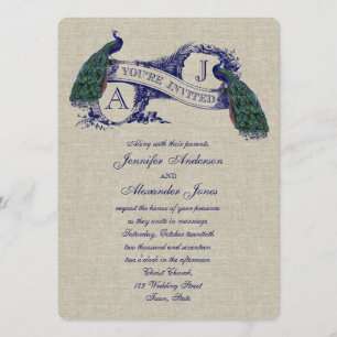Linen Peacock Rustic Wedding Invitation Kaart