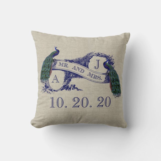 Linen Peacock Rustic Wedding Sweedel Pillow Kussen (Voorkant)