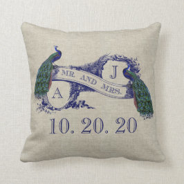 Linen Peacock Rustic Wedding Sweedel Pillow Kussen