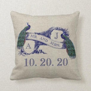 Linen Peacock Rustic Wedding Sweedel Pillow Kussen