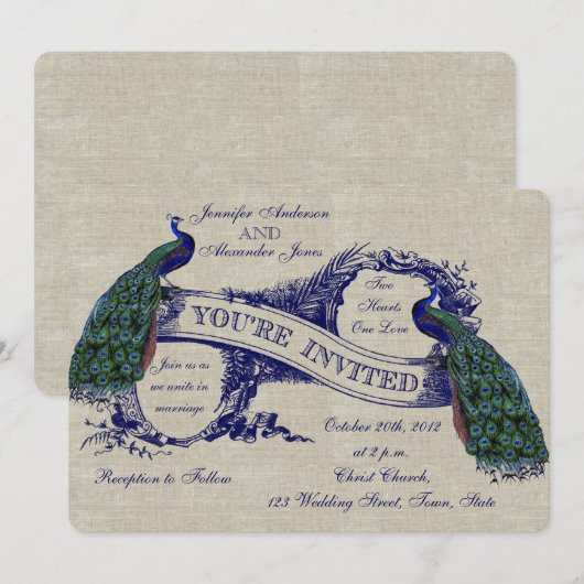 Linen Peacocks Rustic Wedding Invitation Kaart (Voorkant / Achterkant)