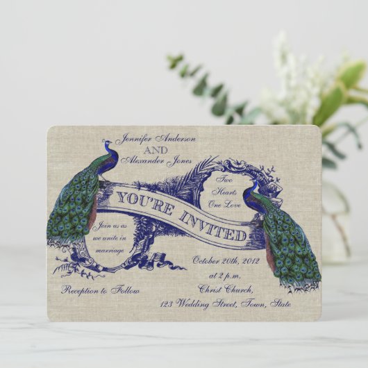 Linen Peacocks Rustic Wedding Invitation Kaart (Staand voorkant)