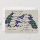 Linen Peacocks Rustic Wedding Invitation Kaart (Voorkant)