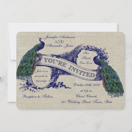 Linen Peacocks Rustic Wedding Invitation Kaart (Voorkant)