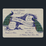 Linen Peacocks Rustic Wedding Invitation Kaart<br><div class="desc">Turquoise en mariniers voor de marinescheepvaart. Deze prachtige huwelijksuitnodigingen zijn perfect voor een rustige bruiloft. Dit unieke ontwerp met twee prachtige pauzes op een banner en tekst in een donker blauw jachtlettertype, creëer een unieke, stijlvolle trouwuitnodiging voor een vreedzame bruiloft met een thema. Elke Clarke©. Linen burlap background is een...</div>
